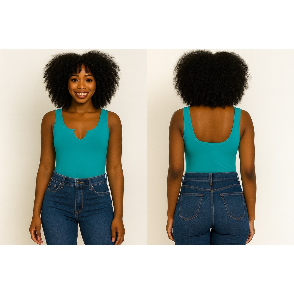 Zenana Sleeveless V-Neck Bodysuit Dusty Teal‎ Tank Top Casual Stretch Size S